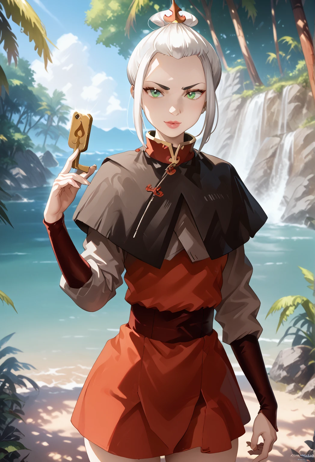 Gray Hair, Gray , Azula, Azula,Beautiful breasts, 1girl, ((white hair)) ((Wolf-Girl)) green eyes, with full breasts and perfect waist, and a voluptuous body, leather jacket clothes under the jacket, beautiful short skirt, has a bold look , cute, calm expression, chains around the neck, in the forest, porch of an old wooden house, small stream, (best quality, ultra-detailed, photorealistic: 1.39), cute girl, Face of naughty 31 year old teenager, bright and vibrant colors, studio lighting, romantic expression,