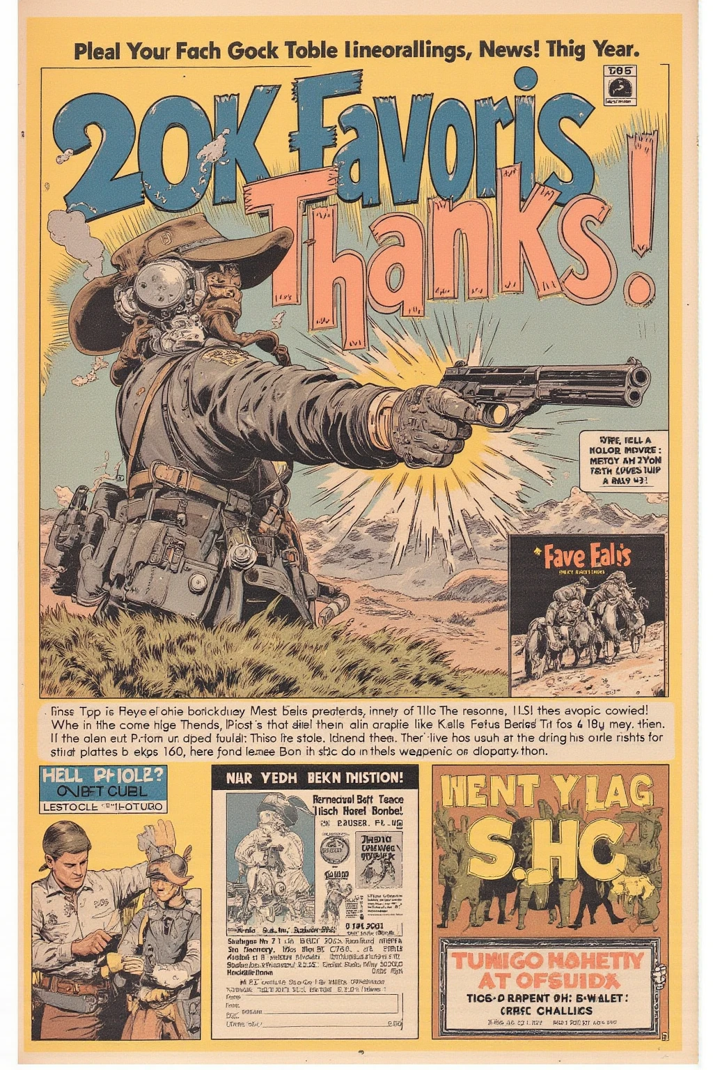 , "20k favorite thanks" Detailed headline sign , cowboy man punching through a sign with a handgun, retrofuturism   ,  letter as headline  , dynamic typography  , 1970 live magazine photo , 1968 Psychedelic,  1970s Philippines , 1970 poster  , 1 9 7 0 Crop Collage,  Movie Advertisement Steel ,   1968 cutout collage  , 70s Photos, Detailed Characters