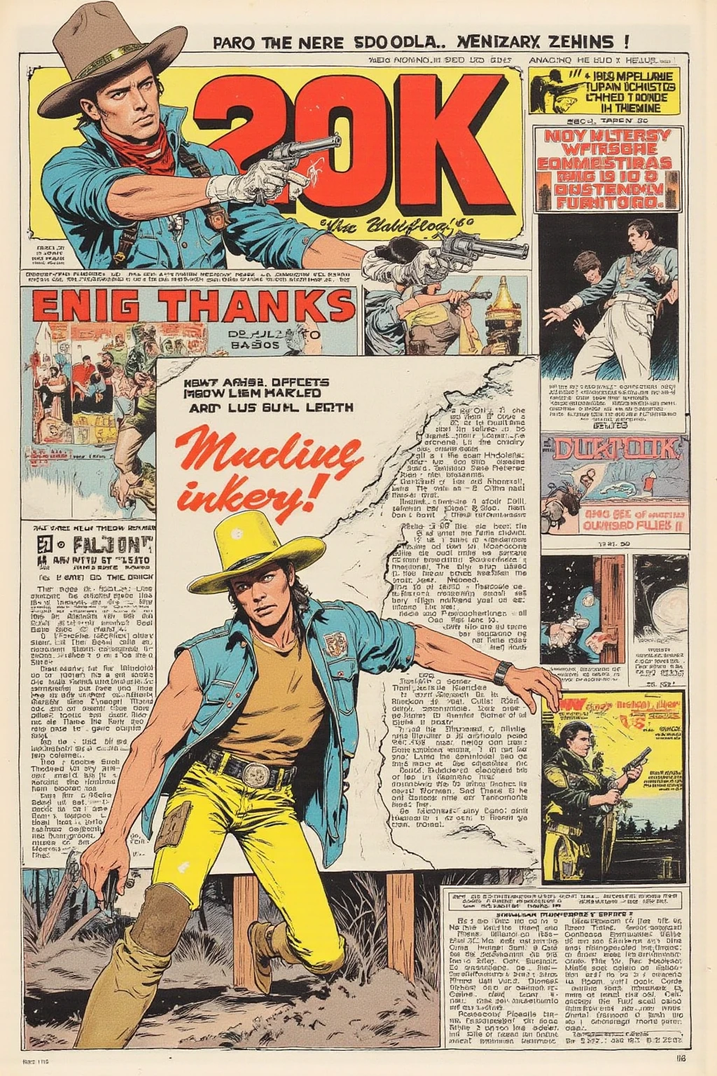 , "20k favorite thanks" Detailed headline sign , cowboy man punching through a sign with a handgun, retrofuturism   ,  letter as headline  , dynamic typography  , 1970 live magazine photo , 1968 Psychedelic,  1970s Philippines , 1970 poster  , 1 9 7 0 Crop Collage,  Movie Advertisement Steel ,   1968 cutout collage  , 70s Photos, Detailed Characters