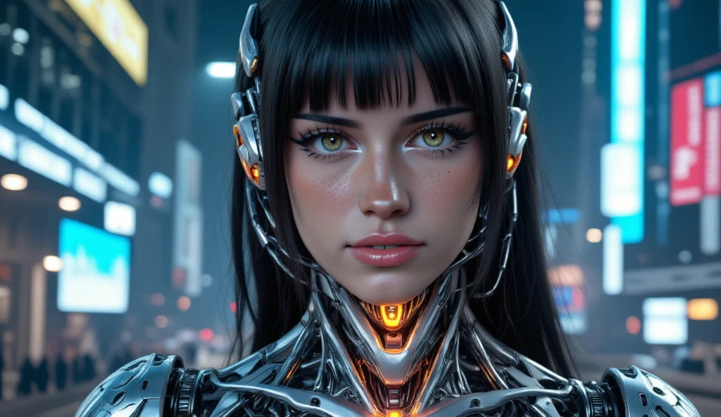 detailed cyberpunk female cyborg, futuristic robot bodysuit, highly detailed face, piercing gaze, intricate mechanical details, advanced robotic limbs, glowing energy effects, neon city background, dramatic lighting, cinematic composition, photorealistic, 8k, ultra-detailed