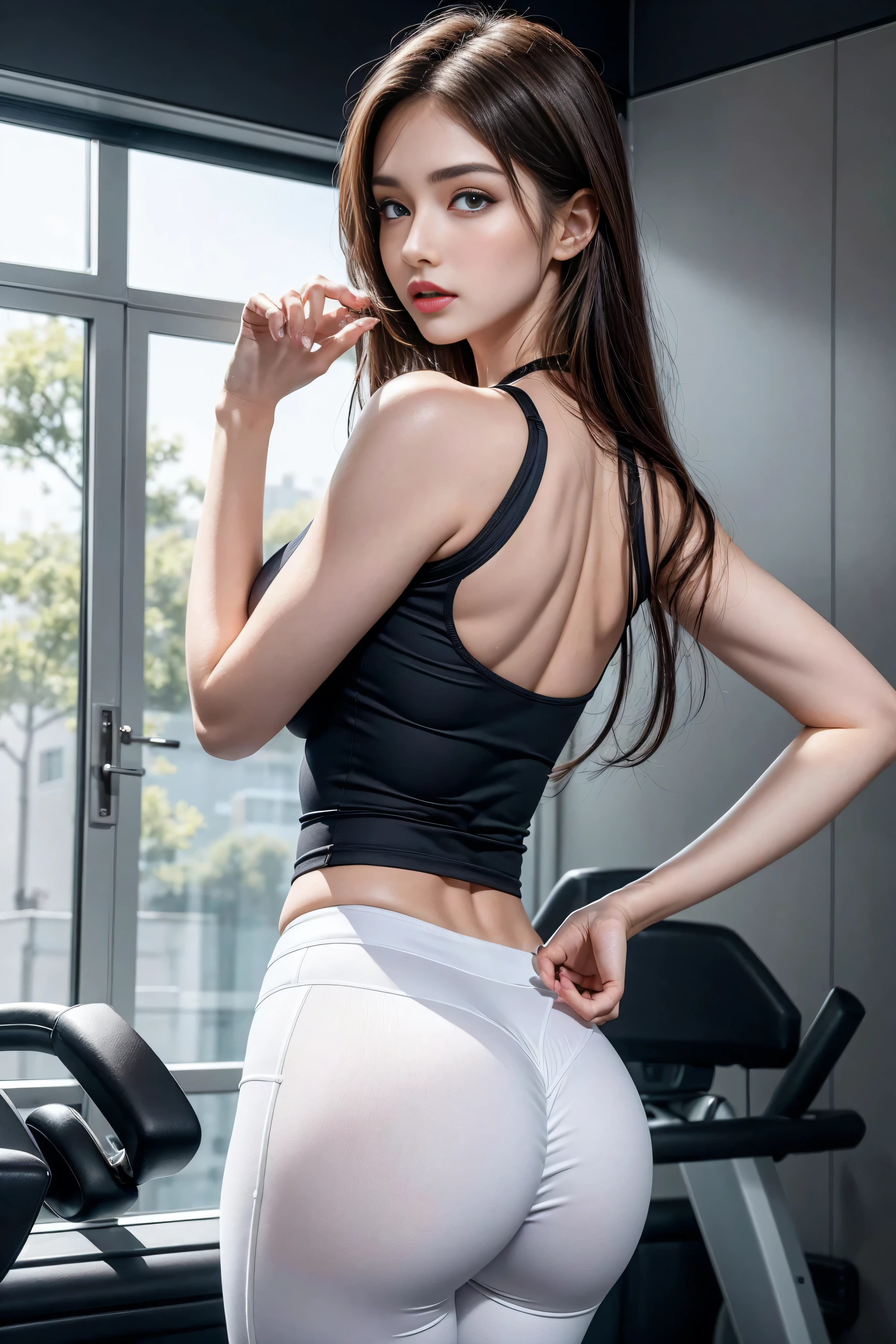 parks,Sport Tank Top,sweat shorts,Hands behind your back,athletic sneakers,toned figure,girl