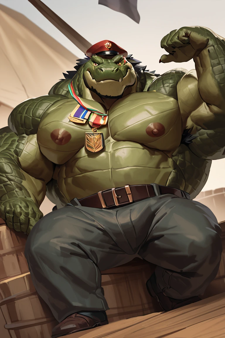 sozinho, macho, alligator, focinho longo, dentes afiados, Presas, rosto grosso, Face larga, ombros largos, musculoso, polir, forte, alto, gigante, Massive, enorme, gigantesco, Big biceps, Pecs grandes, Corpo verde, pele verde, olhos amarelos, chubby, big belly , Virilha detalhada, massive bulge, por darkgem, por Mystikfox61, por chunie, por vader-san, Olhando para o Viewer, sombrio, Dramatic, arena , wrestling venue, grandstand, traje espacial azul, uniforme, wrestling