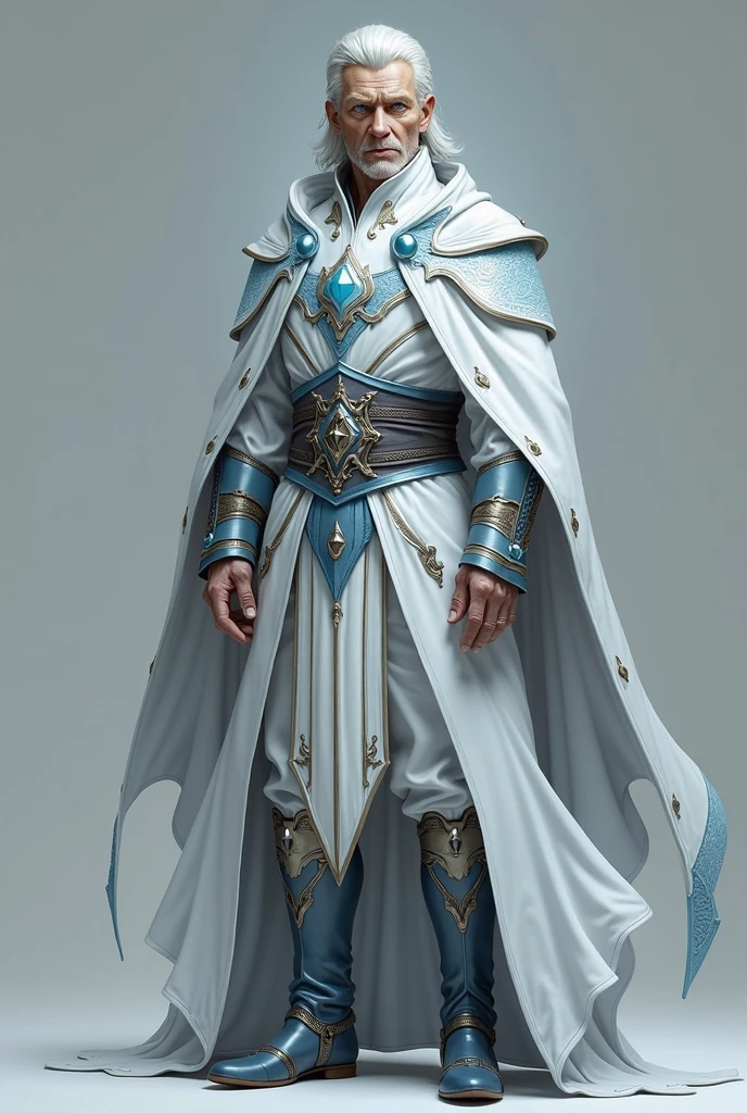  Create a man in the style d &d,  full length ,  with medium short white hair,  Light blue eyes , height 1,70m,  wear a white coat with light blue details, And apparently 18 years old