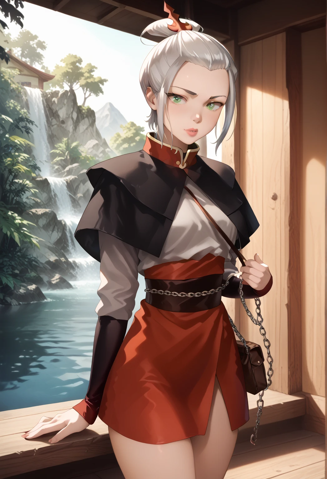 Gray Hair, Gray , Azula, Azula,Beautiful breasts, 1girl, ((white hair)) ((Wolf-Girl)) green eyes, with full breasts and perfect waist, and a voluptuous body, leather jacket clothes under the jacket, beautiful short skirt, has a bold look , cute, calm expression, chains around the neck, in the forest, porch of an old wooden house, small stream, (best quality, ultra-detailed, photorealistic: 1.39), cute girl, Face of naughty 31 year old teenager, bright and vibrant colors, studio lighting, romantic expression,