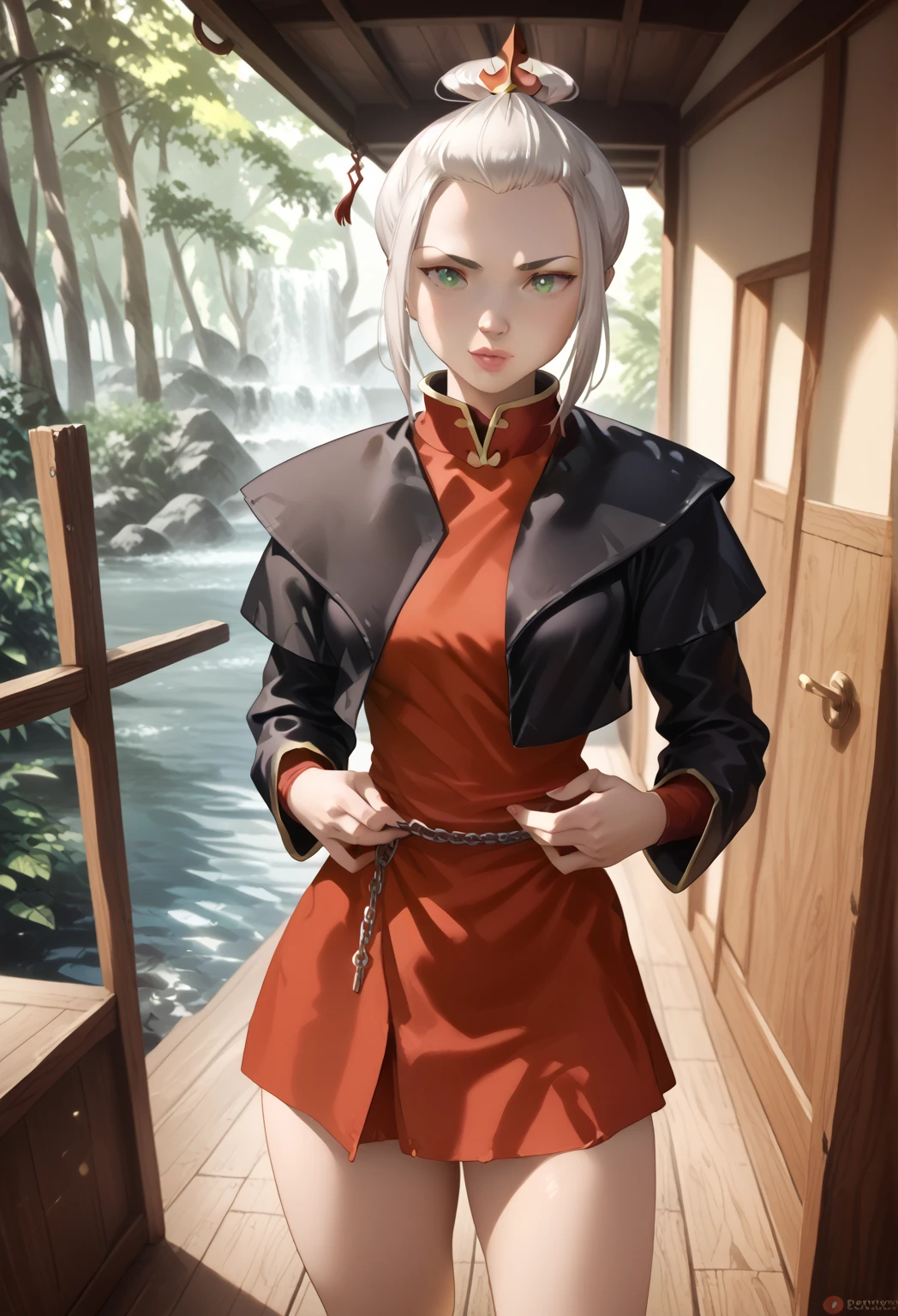 Gray Hair, Gray , Azula, Azula,Beautiful breasts, 1girl, ((white hair)) ((Wolf-Girl)) green eyes, with full breasts and perfect waist, and a voluptuous body, leather jacket clothes under the jacket, beautiful short skirt, has a bold look , cute, calm expression, chains around the neck, in the forest, porch of an old wooden house, small stream, (best quality, ultra-detailed, photorealistic: 1.39), cute girl, Face of naughty 31 year old teenager, bright and vibrant colors, studio lighting, romantic expression,