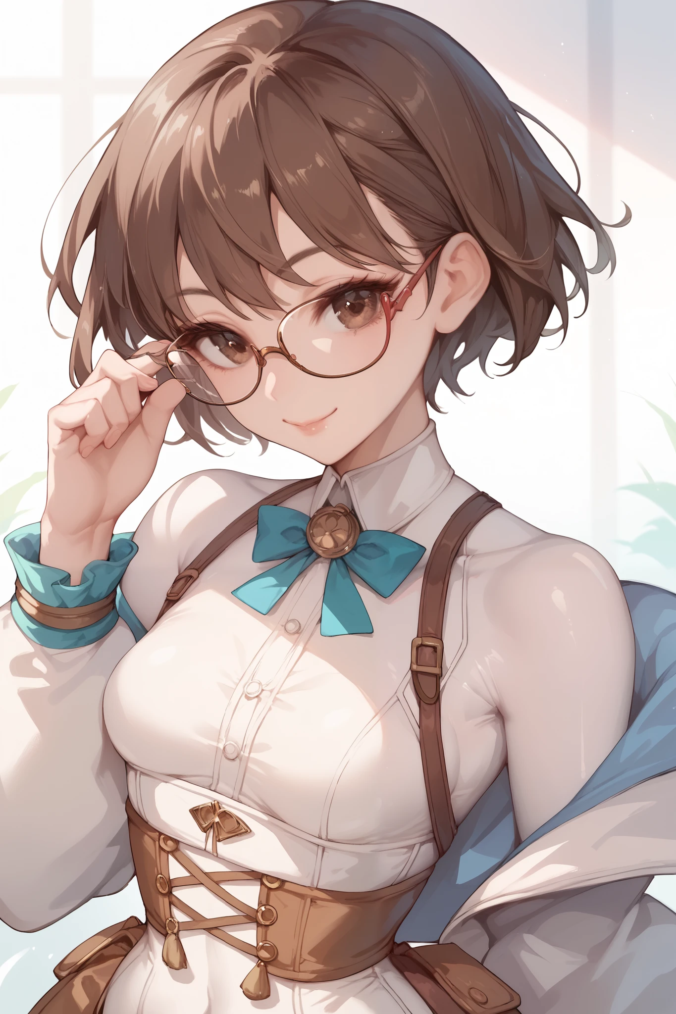 Woman, short, short hair, brown hair, brown eyes, glasses, small breasts, big waist, anime style, White bodysuit,, smiling