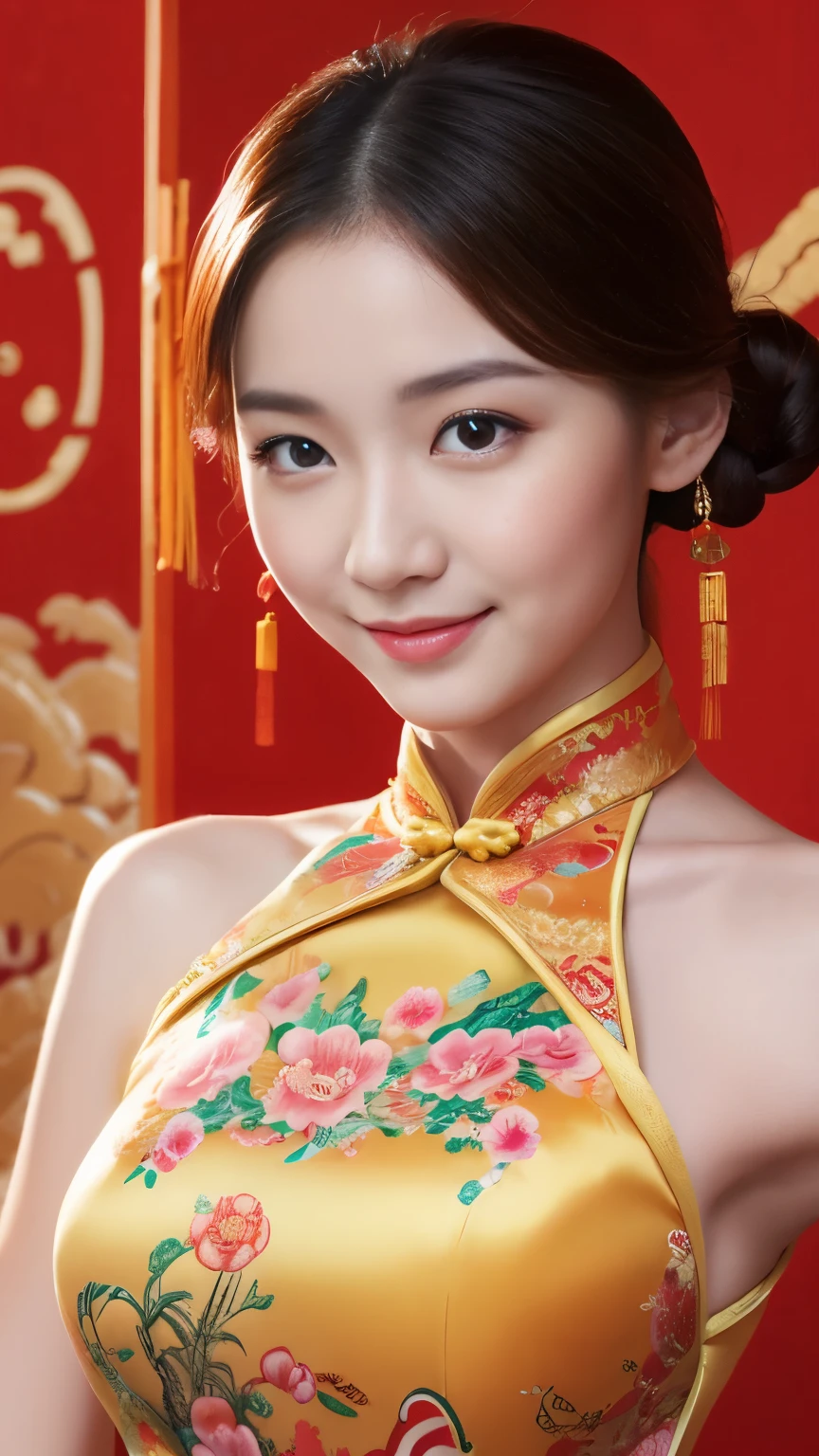 Chinese beauty, wearing a red halter top with gold embroidery, chest length hair in a bun, slender figure, elegant posture, delicate facial features, gorgeous makeup, bright smile, graceful neck line, charming eyes,