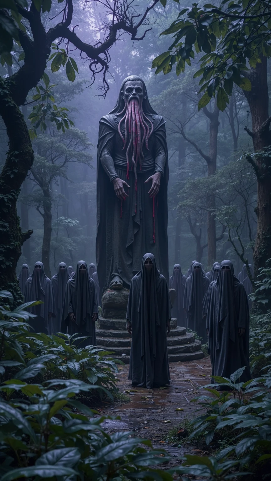 masterpiece, ultra quality, a damp and gloomy forest with a Lovecraftian statue, looking like an ancient stone, of an ancient god with tentacles and claws bleeding from his eyes, mouth and nose, with a group of wet, covered-up cultists sneakily looking at the camera and with a dark, purple aura, tense and terrifying environment