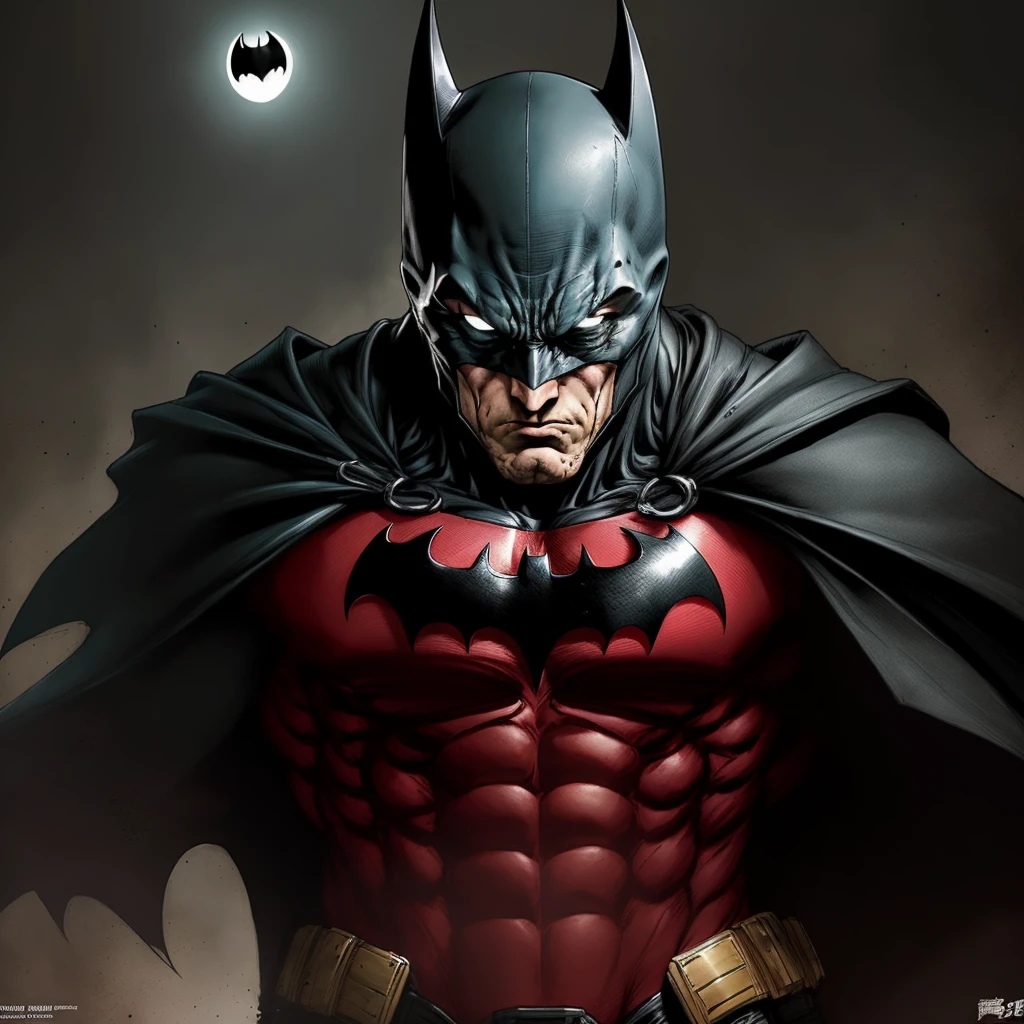1boy, dark scene, zombie style batman cowboy shot, athletic, white eyes, no pupils, night city, mist, particles, male focus, mask, muscular, muscular man, tattered and torn cape, night, outdoor, rain with red drops, serious, dark atmosphere, detailed background, jim lee, --auto --s2