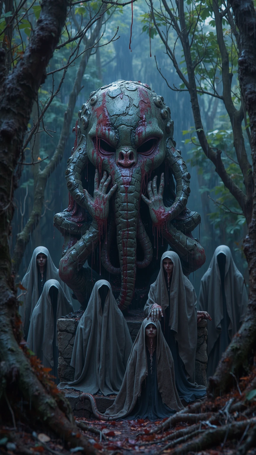 masterpiece, ultra quality, a damp and gloomy forest with a Lovecraftian statue, looking like an ancient stone, of an ancient god with tentacles and claws bleeding from his eyes, mouth and nose, with a group of wet, covered-up cultists sneakily looking at the camera and with a dark, purple aura, tense and terrifying environment