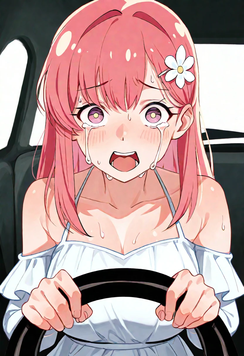 Girl with pink hair, long twin-tail hairstyle, ((small pink bushy eyebrows)), naked, lolicon (Zankuro) drawing style by zankuro artist, ザンクロー style, image uploaded to R34, moving her skirt to show her wet vagina with semen, sitting inside a car, with an angry face and teary eyes, , (( bubbling semen)) with semen dripping from the mouth , reverse rape(( male pov)) looking from above, (lying down with open legs) close up, taking selfie