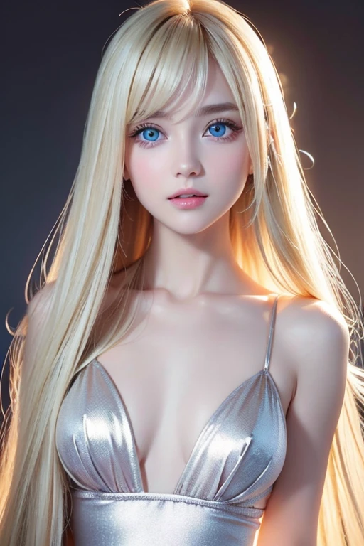 Sexy and cute very beautiful face、Cute pale eyes that shine beautifully、Golden Shiny Metallic Platinum Blonde Silky Super Long Straight Hair、long swaying bangs、Sexy 20 year old cute young beautiful girl、Pure white beautiful skin、Luster of shining cheeks、