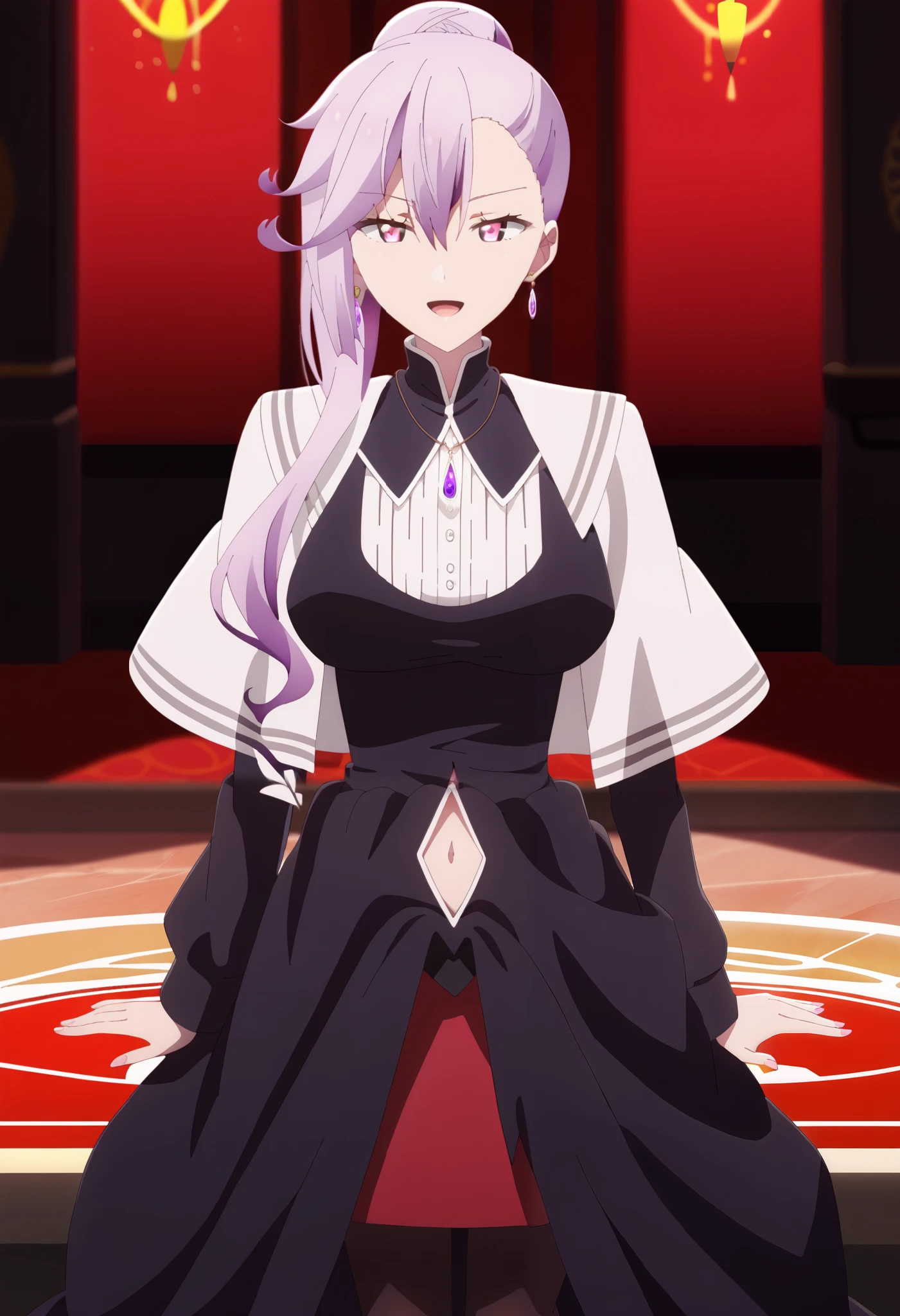 score_9, score_8_up, score_7_up, solo, 1girl, BREAK
emilialudwell, purple hair, pink eyes, long hair, hair between eyes, ponytail, hair bun, single hair bun, side ponytail, asymmetrical hair, asymmetrical bangs,
large breasts, jewelry, necklace, pendant, gem, dress, black dress, pantyhose, long sleeves, shirt, capelet, white capelet,
half closed eyes, seductive gaze, bedroom eyes, serious,
looking at viewer, blush, standing, sexy pose,
masterpiece, best quality, highly detailed, a anime girls in long dress with navel cutout posing for a
picture, evil smile, smile, open mouth, (nsfw) not safe for work, revealing dress, beautiful dress center
opening , long dress with bellybutton showing, ecchi anime style, anime girls, ecchi style, ecchi, digital
anime art!!, in anime style, official artwork, visual novel cg, beautiful anime girl, anime style 4 k, exposed
navel, exposed bellybutton, jewelry, earrings, complex detailed background, casino environment, fancy
interior environment, rich interior, holding a gun, holding pistol,
,