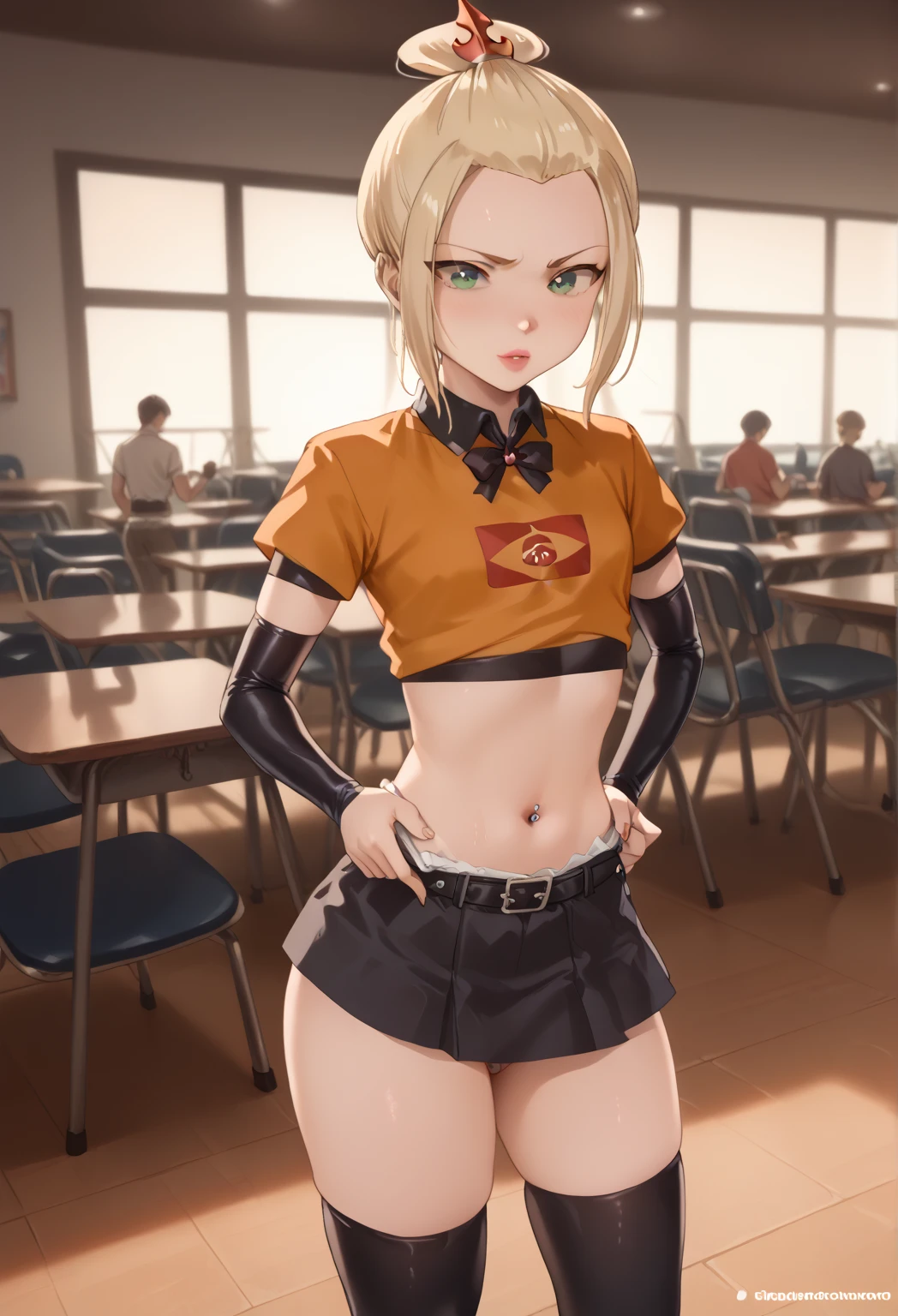 Blonde hair, emerald green eyes, Azula wearing a super sexy outfit with an orange top covering only her nipples, belly button piercing, black latex mini skirt, knee-high black leather boots, cinematic lighting, ray tracing, ray tracing, chiaroscuro, chiaroscuro, depth of field, masterpiece, masterpiece