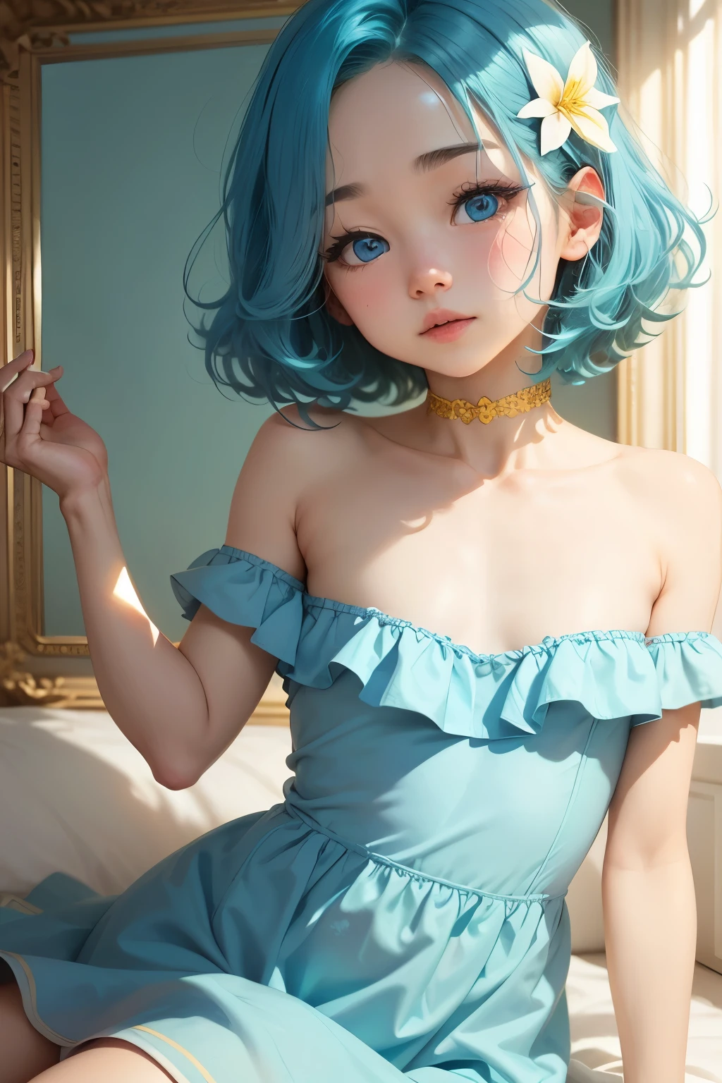 Femboy, otoko no ko, blue aqua hair, short hair, flat chest, sexy body, cute face, Shy face, blue eyes, frilled dress, short dress, yellow dress, Lily flower background frame