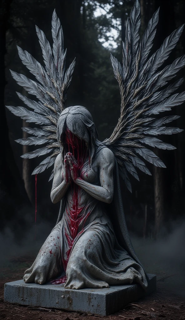 a stone statue of a beautiful goddess praying with her hands folded and her beautiful large wings outstretched, with a lot of red liquid flowing from her eyes, horror mood.deep dark forest with no lights at all, black mist