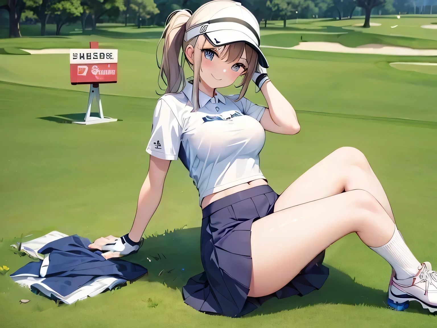 (masterpiece, highest quality:1.2), 1 cute girl, ideal ratio body proportions, open crotch, serious look, cameltoe, mini skirt, squatting, outstretched legs, knees up, read the grass on the green, (showing off panties:1.3), white shiny panties, holding a putter, front view, golf shoes, high socks, (one eye opened, holding a putter in front of her face:1.2), looking at the ground,