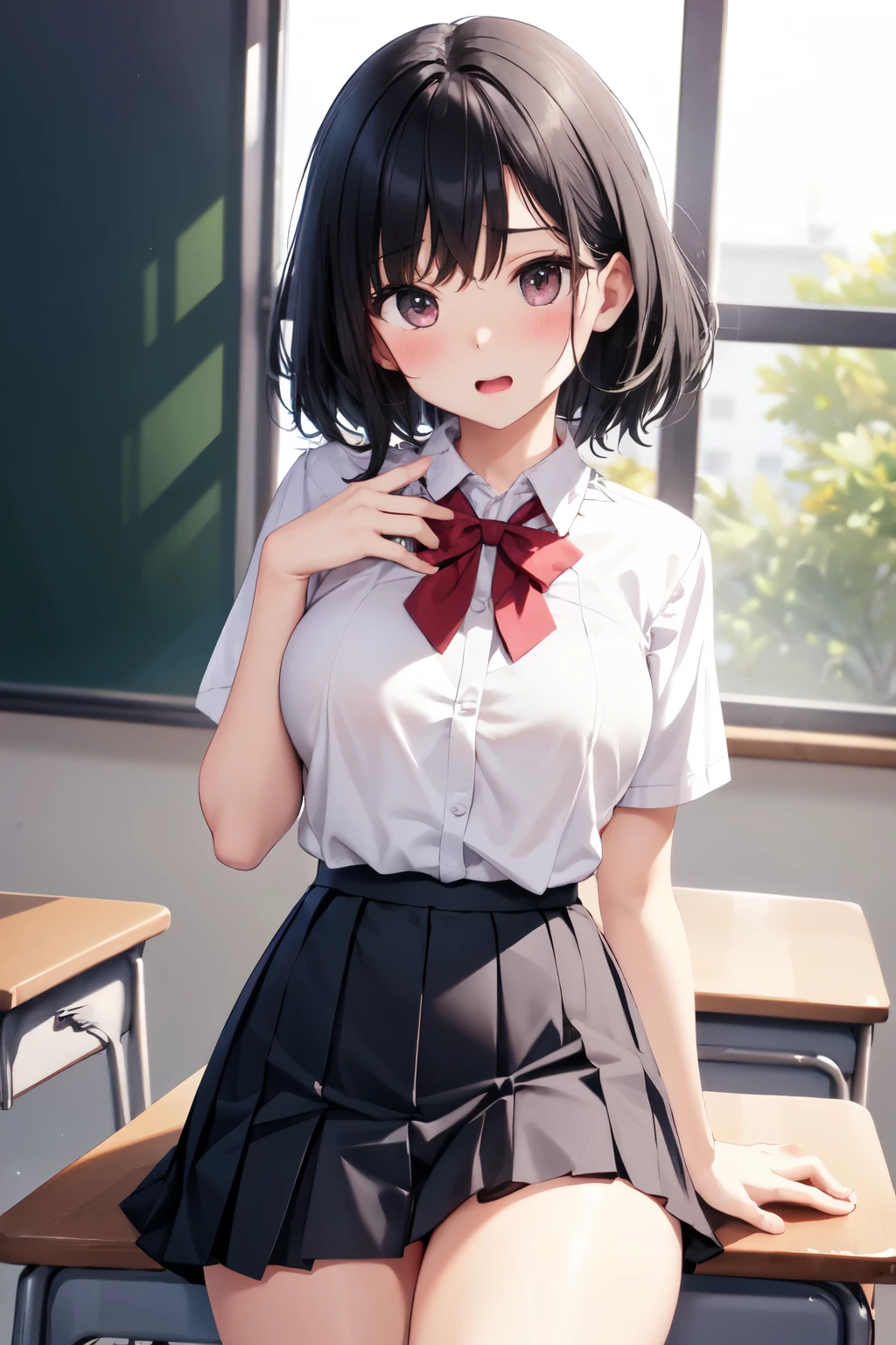 (((NSFW)))、((Masterpiece, Highest quality、Super detailed, Attention to detail))、Tabletop、girl、((high school girl、Black Hair、Short Hair、Slit eyes、Red Eyes、eight-headed body、Model-like style、Slender、School uniforms))、(White Shirt、Black Skirt、Black knee-high socks、Black Loafers)、Silver earringultiple silver accessories、Silver Ring、Silver Ring、bandギャル、(Red electric guitar)、(((地下のliveハウス、live、band、Dim lighting、Standing and playing guitar))、((No bra、No underwear))、(((Sweating a lot、Sweat dripping、Sweat vapor)))、((hot、Sweaty smell、Clothes get wet、Clothes are see-through))、(((Love juice overflows from the vagina)))