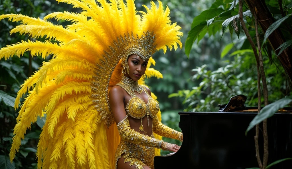 A Brazilian Carnival dancer dressed in an extravagant costume filled with bright yellow feathers and rhinestone details playing the piano in the jungle