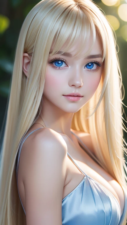 Super long blonde hair、 very beautiful blond hair that shines brightly、 super long silky straight hair 、 very large bright eyes 、 very white and radiant skin 、 shiny highlights on the cheeks 、 long bangs between eyes、 bangs between eyes 、 best quality、masterpiece、 Ultra Fine、（ photorealistic：1.4）、 girl 、shoulder、Charming、 look at the camera、The beauty of a small face、Round face、 reflective blond light 、Extremely gentle 、 shiny very bright light blue eyes 、Big breasts inside the back 、 super long silky straight hair 、