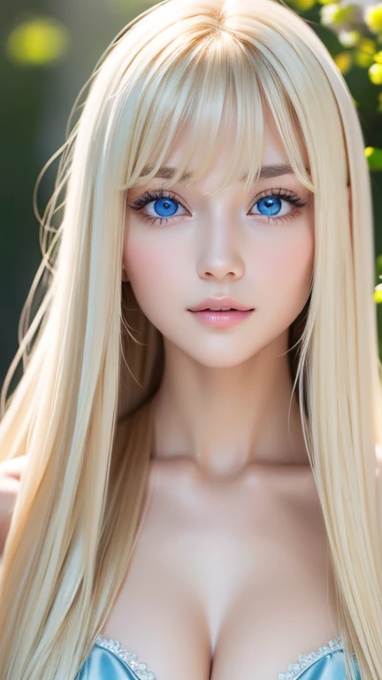 Super long blonde hair、 very beautiful blond hair that shines brightly、 super long silky straight hair 、 very large bright eyes 、 very white and radiant skin 、 shiny highlights on the cheeks 、 long bangs between eyes、 bangs between eyes 、 best quality、masterpiece、 Ultra Fine、（ photorealistic：1.4）、 girl 、shoulder、Charming、 look at the camera、The beauty of a small face、Round face、 reflective blond light 、Extremely gentle 、 shiny very bright light blue eyes 、Big breasts inside the back 、 super long silky straight hair 、