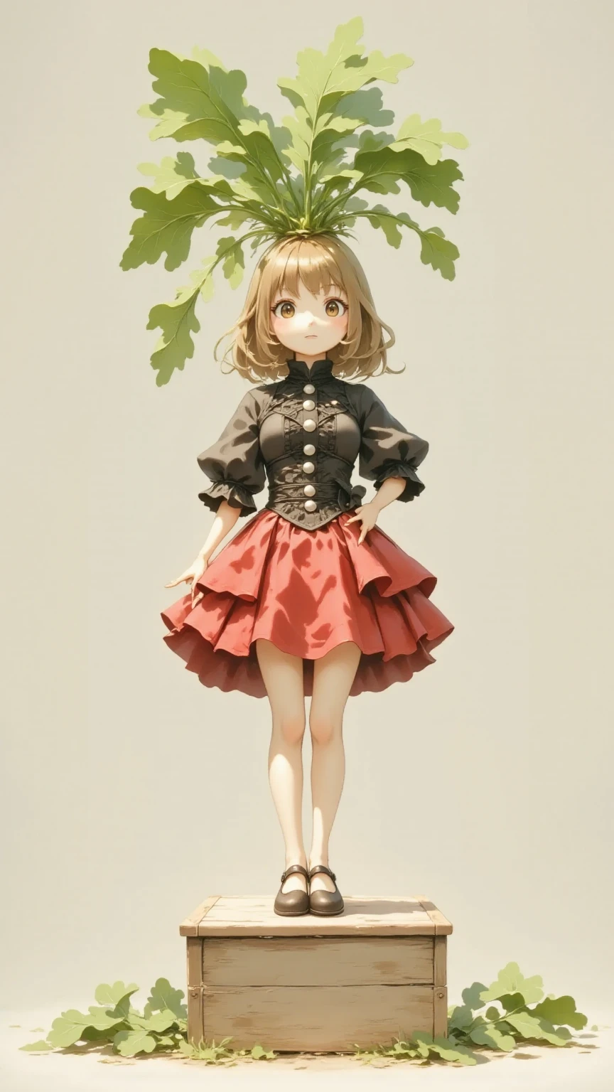 illustration of Daikon lady, focus on the eyes, 1lady, long hair, light brown hair, slim body shape, high contrast, detailed eyes, detailed hair, Position your eyes closer to your nose, 20yo, nari_ko, slight smile, 

Beautiful knees, 
a black blouse with long, 
(lace puff sleeves and silver buttons:1.2), paired with a red bustle skirt, Victorian style, 
a Victorian-era style red bustle skirt with multiple layers of ruffles and a black corset lacing detail at the waist, rich textured fabric, elegant style, Red bustle skirt with short front and long back, 
Radish fields as far as the eye can see, standing on a wooden box placed in a radish field, 
wide angle view:1.3, 