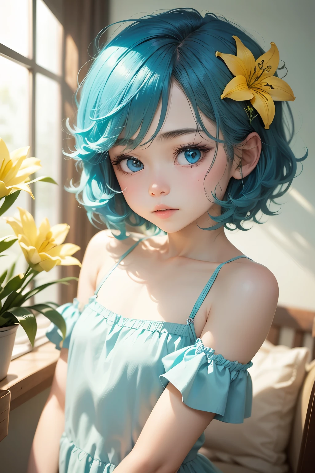 Femboy, otoko no ko, blue aqua hair, short hair, flat chest, sexy body, cute face, Shy face, blue eyes, frilled dress, short dress, yellow dress, Lily flower background frame