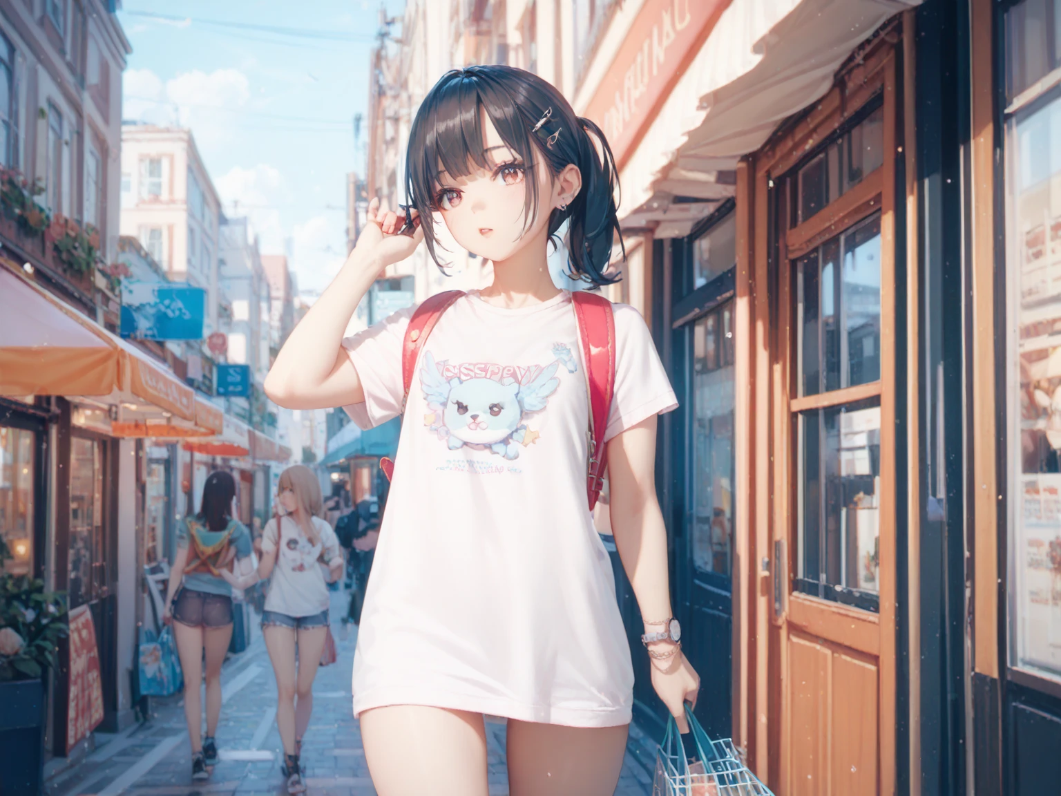 Shopping Street,Petite naked girl walking shyly,A short t-shirt with the hem up to the waist,carrying randoseru backpack,side view