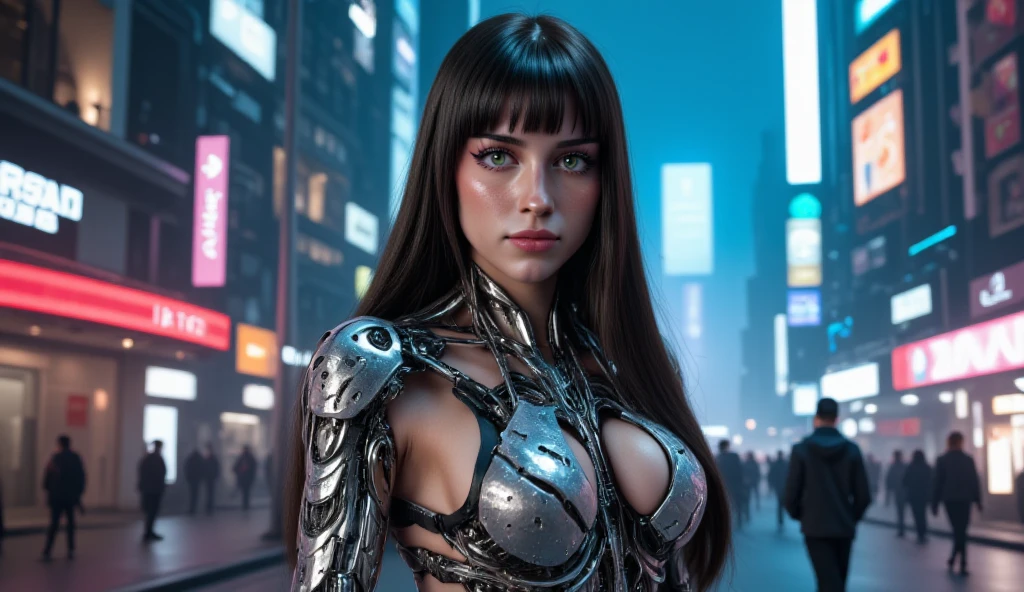 big but and big chest latin detailed cyberpunk female cyborg, futuristic robot bodysuit, highly detailed face, piercing gaze, intricate mechanical details, advanced robotic limbs, glowing energy effects, neon city background, dramatic lighting, cinematic composition, photorealistic, 8k, ultra-detailed