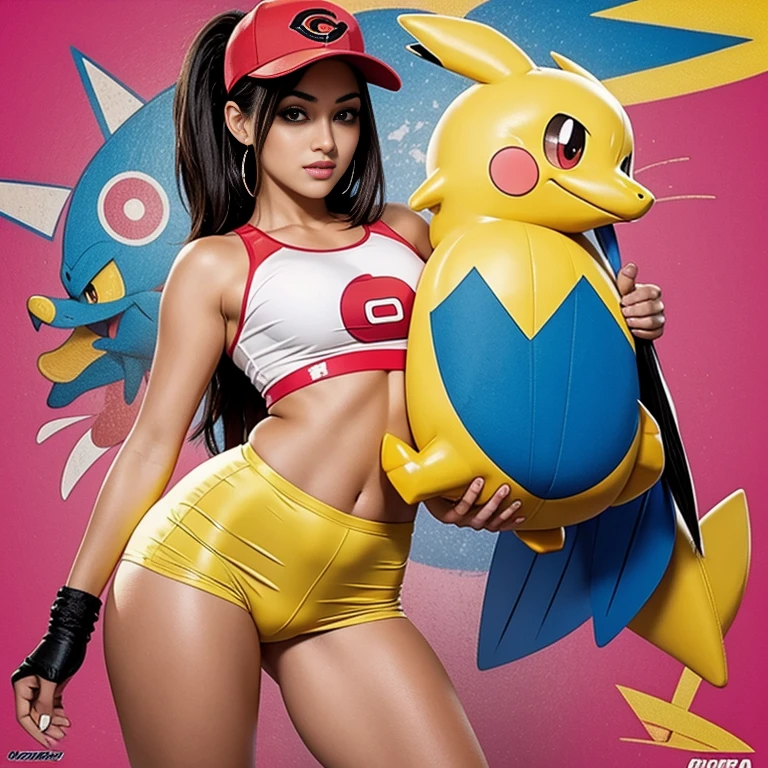 A determined cute woman pokemon trainer, tosses out her pokeball summoning a confused naked woman in pokemon boots and ears, crowded park in daytime. The trainer yells 'Milafachu! I choose you!' in a chat bubble
