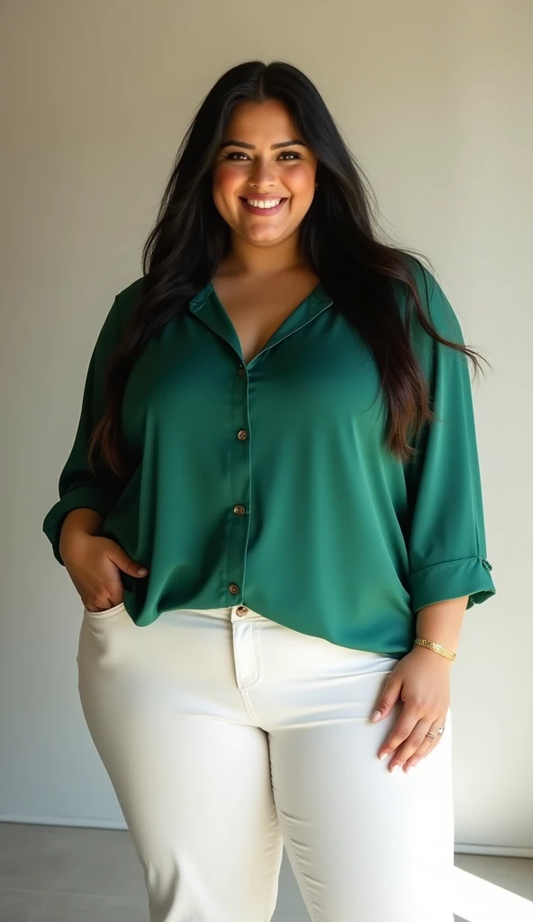 Genera una una chica modelando un vestidos verde por las calles, el tono de piel de la chica es moreno claro