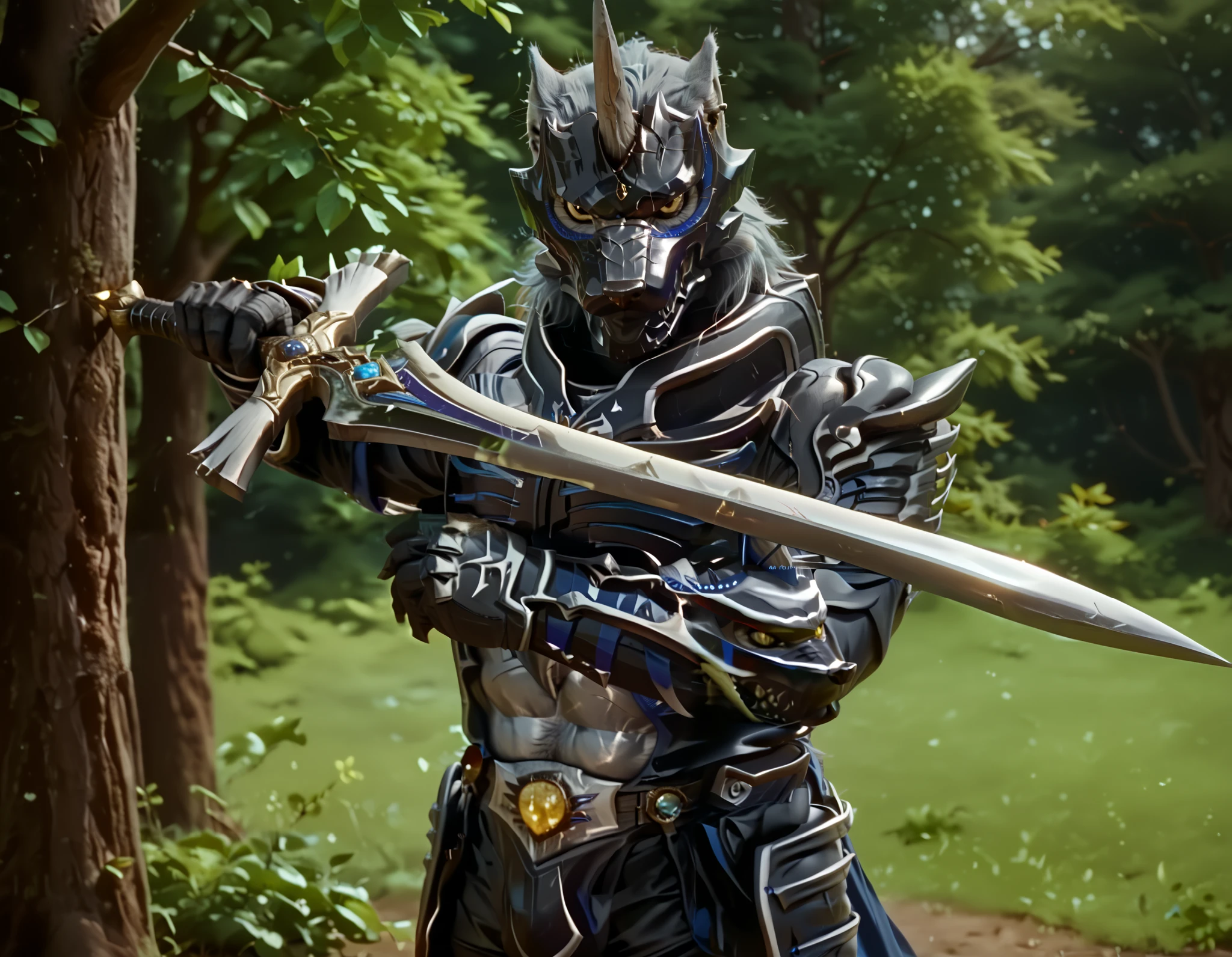 score_9, score_8_up, score_7_up, score_6_up, score_5_up, score_4_up, best quality, detailed face, rating_explicit, BREAK, furry male, (zen aku), power rangers wild force, evil, villain, demon, wolf, armor, wolf theme, single horn on head, wolf themed helmet, wolf themed mask, muscular, five fingers, holding sword, hold horizontally, battle stance,