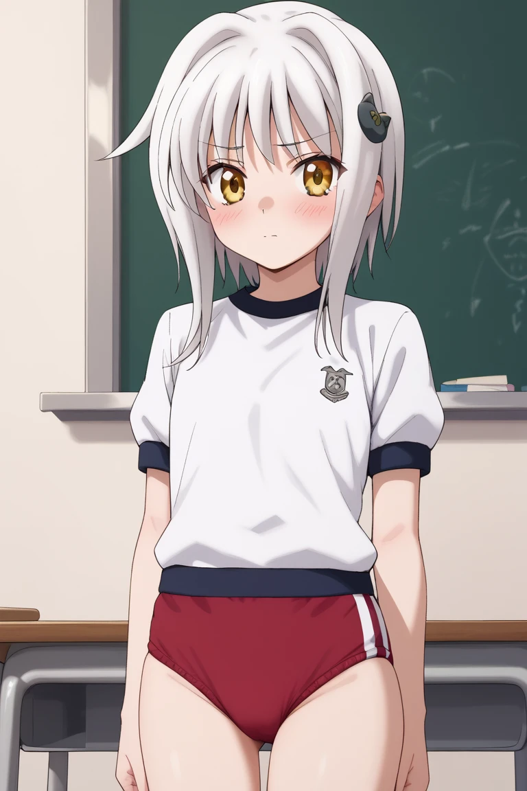 masterpiece,best quality,{{detailed beautiful face and eyes}}, 
Koneko Toujou,short hair,white hair,hair ornament,yellow eyes,flat chest,
gym uniform,red buruma, white shirt, short sleeves, thighs,
1girl,ars old, embarrassing,big blush,closed mouth:1.0),
 ((standing,cowboy shot,looking at viewer:1.2)), 
(classroom:1.0),clothed