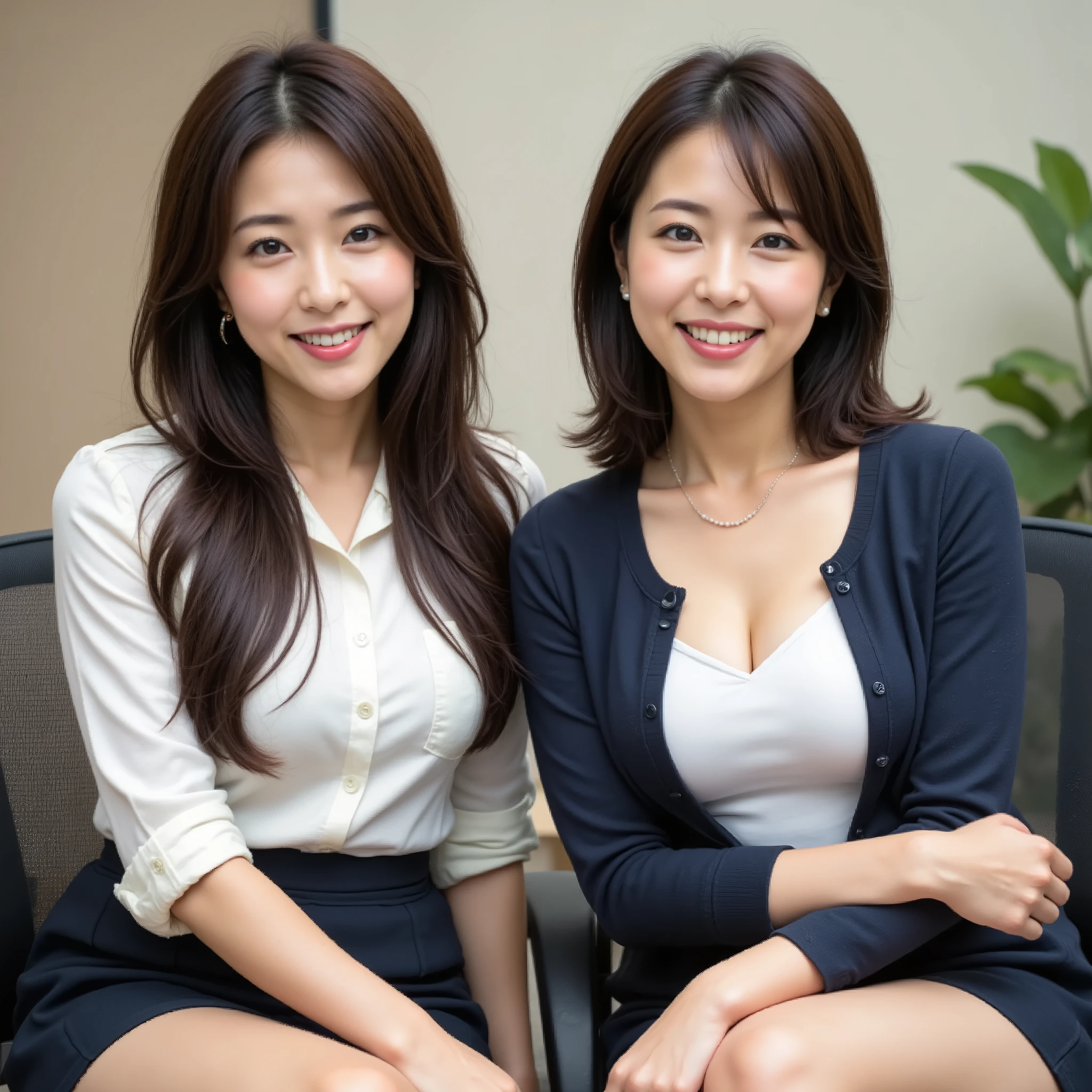 『 the mood of the face and hairstyle is different2 Japanese girls:1.9』『 real photos:1.3』 best quality :1.2、(( big breasts in okunai))、 showing off her teeth 、(( young woman))、(( has red cheeks))(( Smiling Showing Teeth :1.3))、((( anatomically correct、 Complete anatomy、 anatomically correct指)))、 realistic, best quality , 超 High Resolution , RAW photos, (Curvy body)、
best quality 、Masterpiece、High sensitivity、 High Resolution 、 detailed explanation 、1 person、 slender woman 、 slender body、Sit on a chair facing forward、smile、Angle from the feet、 office