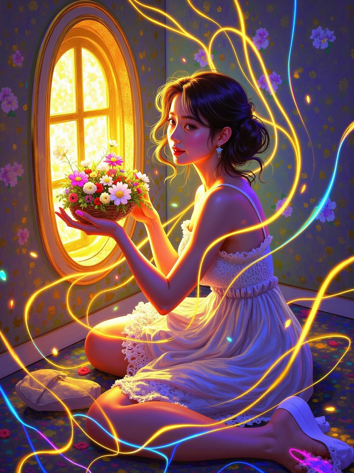 artistic conception，White Space，Rock Color，Gold Leaf， color particles , color curve ，Chen Jialing,Dark Night Glow,Neon colors ，masterpiece, top quality, best quality, official art, beautiful and aesthetic:1.2), ( 1girl :1.3), extremely detailed,(fractal art:1.1)neon ,(colorful:1.1)neon (flowers:1.3)neon ,highest detailed,(tangled:1.2)neon , (dynamic pose), (abstract background:1.3) neon , (Shiny Skin), (many colors:1.4)neon , (feathers:1.5), neon light, look at viewer, (upper body), large breasts, (show legs), (smiling), Seven color tones，Gold lines ，Shine,Revea,Self-illumination, flowing lines , Master Composition ， Super dreamy colors ，Colorful Lights and Shadows， Extreme Details ，Finely engraved ，8k， HD， high quality 