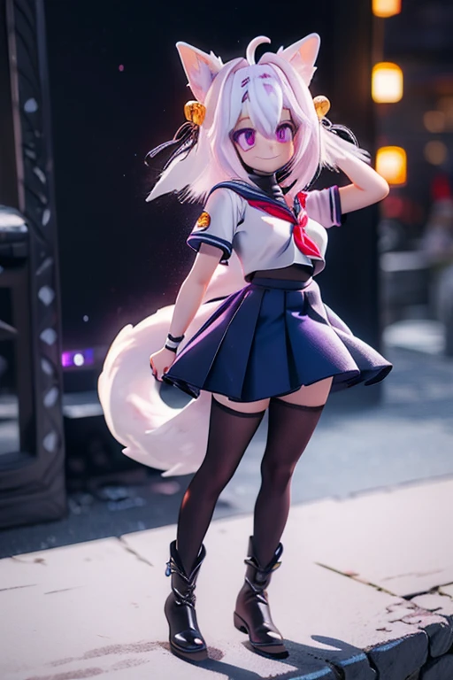 Filian, white hair, purple eyes, blue seifuku, short sleeves, black stockings, boots, large breasts, hair bell, hairband, ahoge, animal ears, tail