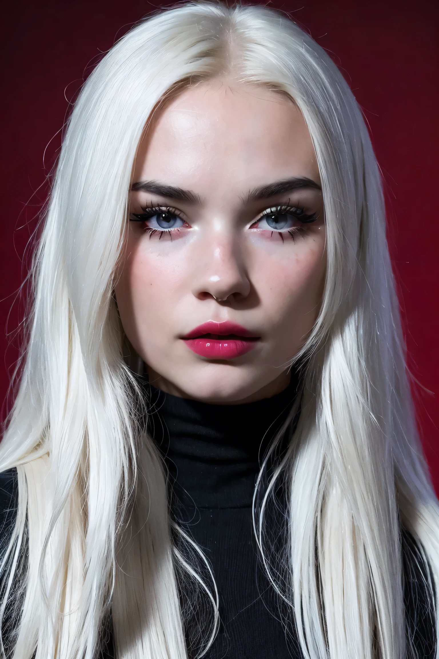 ( masterpiece), ( better quality:1.0), ( ultra high resolution :1.0), retrato, 1 girl, Detailed beautiful, face focus, (heavy mascara), (vivid lipstick), unfeminine girl , skinny, Very long hair , Face of Norway, wallpaper 8k , ( white and colored hair), beautiful woman , make up, Leggings, full body