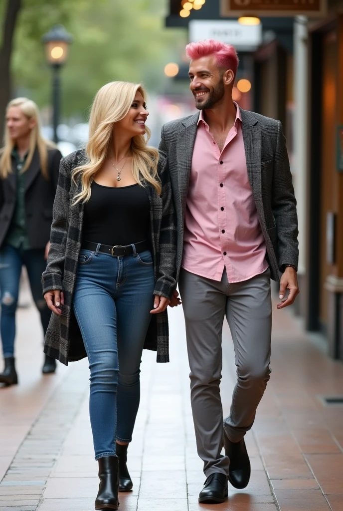 a guy walks with a blonde girl arm in arm down the street, This is a couple of celebrities who are hiding from paparazzi, Smile, Side photo
