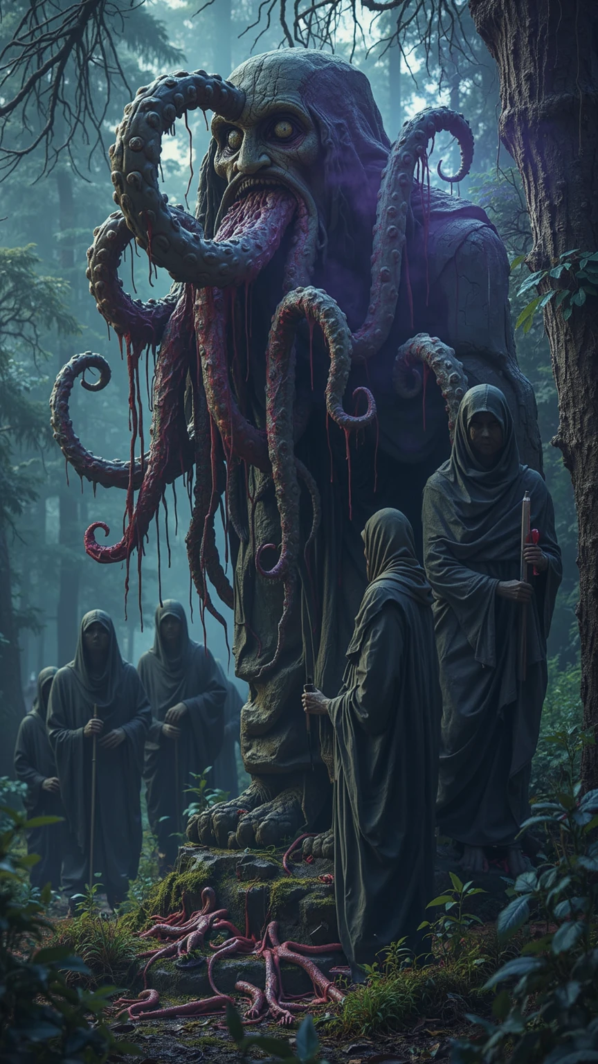 masterpiece, ultra quality, a damp and gloomy forest with a Lovecraftian statue, looking like an ancient stone, of an ancient god with tentacles and claws bleeding from his eyes, mouth and nose, with a group of wet, covered-up cultists sneakily looking at the camera and with a dark, purple aura, tense and terrifying environment