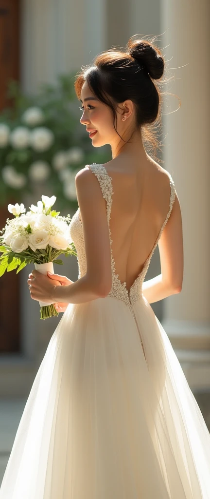 ((Photographed at a wedding))、Wearing a wedding dress、Are standing、(arms behind back)、 ((Best Quality, 8K, masterpiece :1.3)), Full body、sexy girl with perfect figure :1.4, Slender Abs :1.1, ((Huge breasts :1.0)),Ultra-detailed face and skin