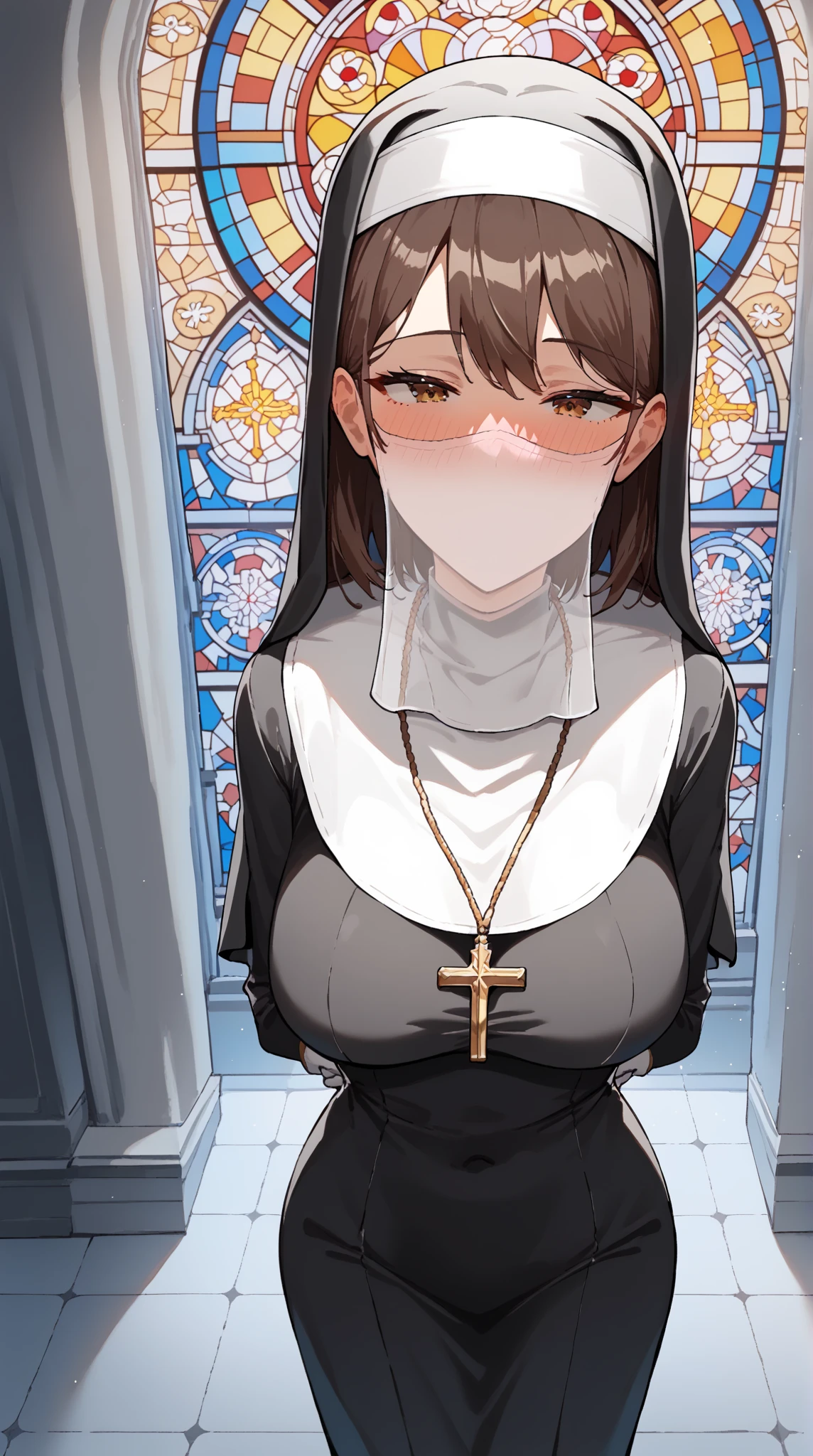 Mature brunette girl nun, (brunette girl nun), with black hair and glasses wearing transparent panties and a mini top kissing a penis,  sucking a penis, stroking a penis (stroking a penis), orgasm, dripping yogurt from her mouth,