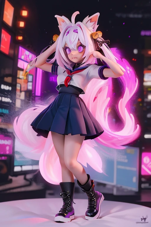 Filian, white hair, purple eyes, blue seifuku, short sleeves, black stockings, boots, large breasts, hair bell, hairband, ahoge, animal ears, tail