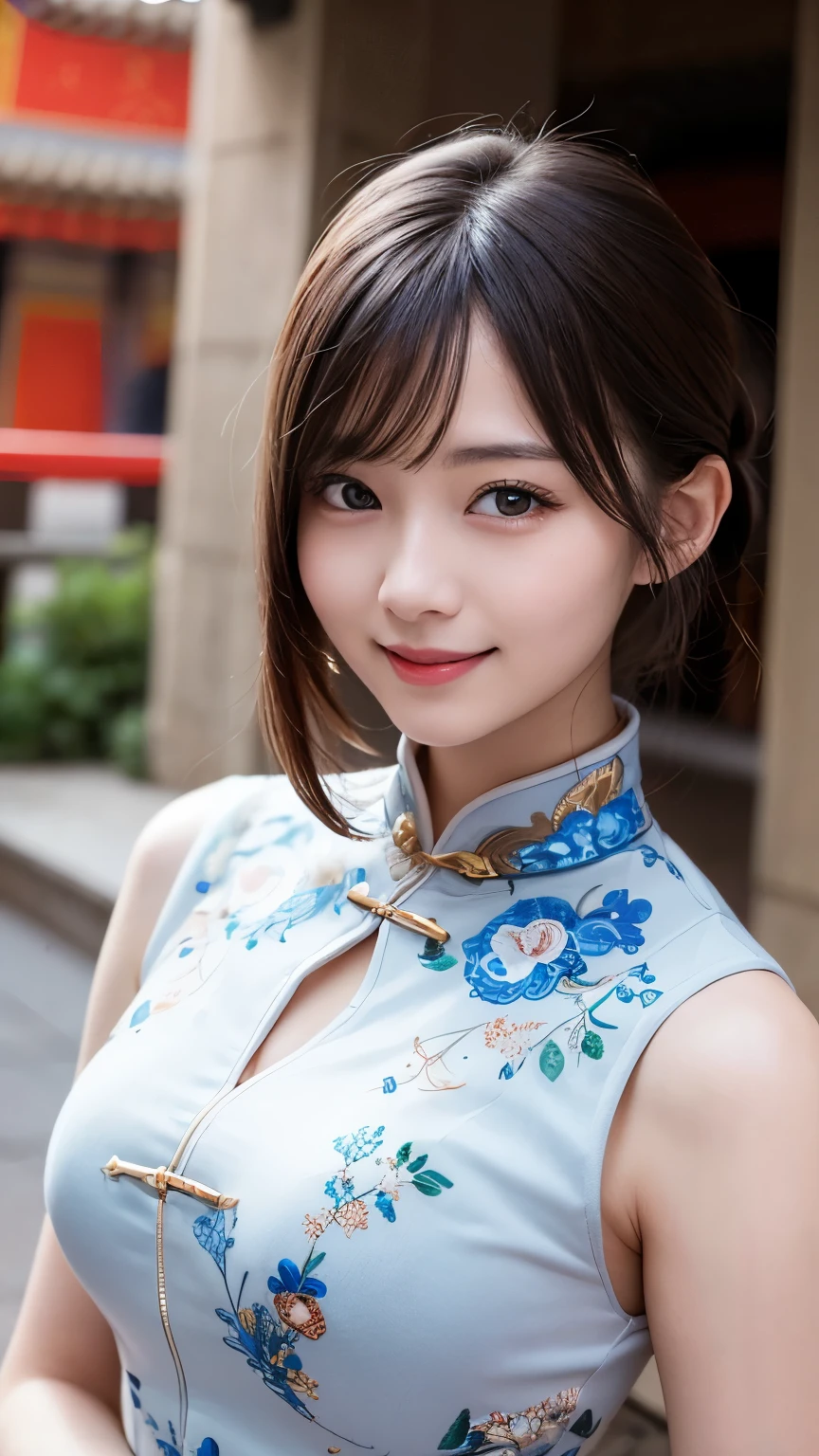 Arafed asian woman in a blue dress posing for a picture - SeaArt AI