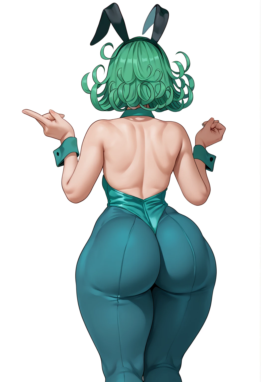 Above a girl , Alone , Tatsumaki ( of the anime "one punsh man"),  blue pants ,  big ass ( not so exaggerated), Tits ,small hip, playboy bunny, fake animal ears, Hand squeezing the butt, FROM BACK,  white background,