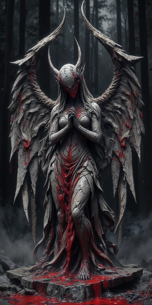 stone statue of a beautiful goddess praying with her hands folded and her beautiful large wings outstretched, with a lot of red liquid flowing from her eyes, horror mood.deep dark forest with no lights at all, black mist, surrounded by tattered skulls