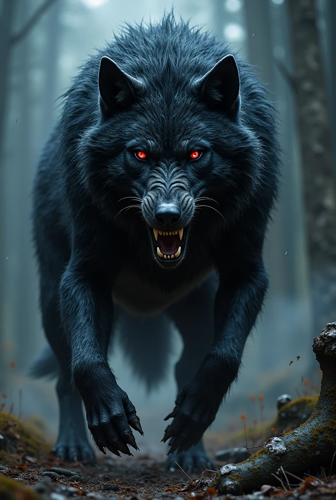 Generate a d &d,  -style wolf with very dark hair and red eyes.