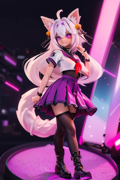 Filian, white hair, purple eyes, blue seifuku, short sleeves, black stockings, boots, large breasts, hair bell, hairband, ahoge, animal ears, tail