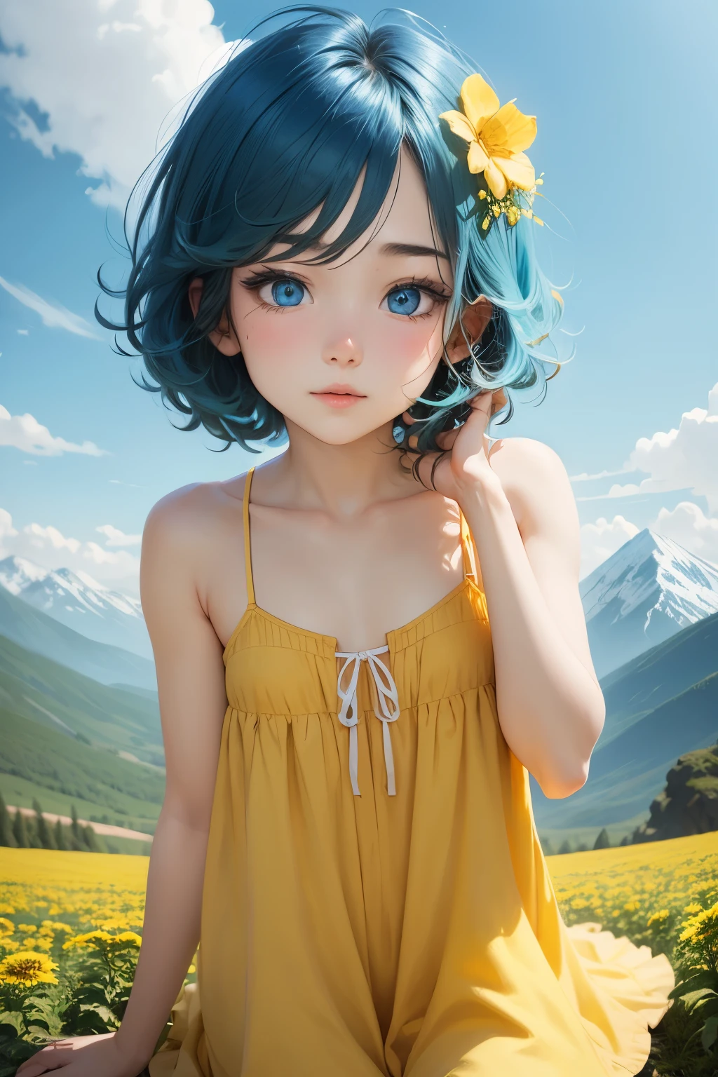 Femboy, otoko no ko, blue aqua hair, short hair, flat chest, sexy body, cute face, Shy face, blue eyes, frilled dress, short dress, yellow dress, mountain flower background frame