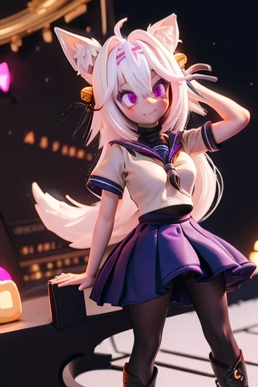 Filian, white hair, purple eyes, blue seifuku, short sleeves, black stockings, boots, large breasts, hair bell, hairband, ahoge, animal ears, tail