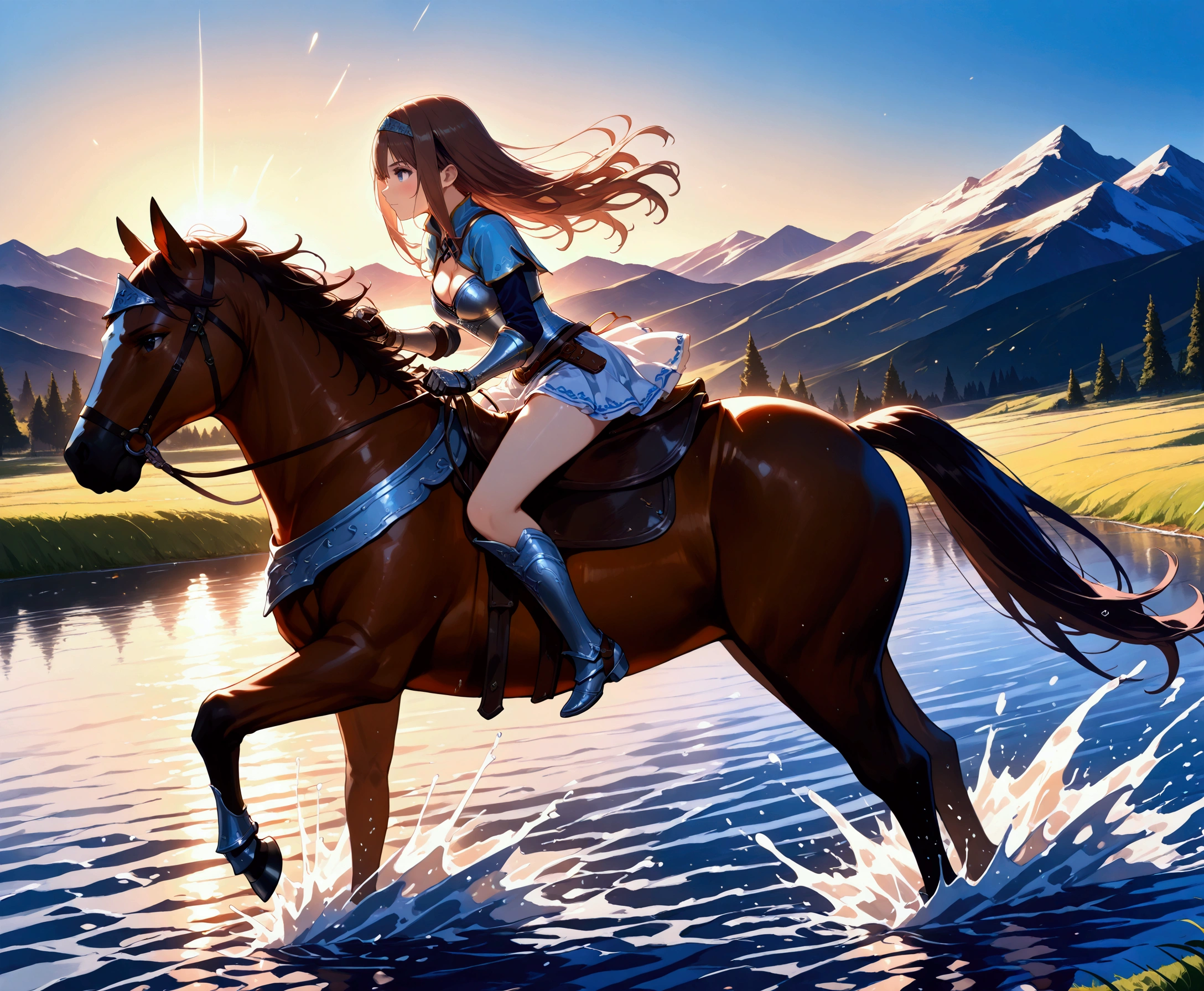 ((best quality)), ((anime masterpiece)), (high detailed), 8k, cinematic lighting, perfect face, perfect hand, riding, horse, (((a young woman wearing in adventurer clothes watching a blue sky while horse riding)), ([long hair, brunette hair, sidelocks, girl's headband, cleavage, medium breast]), (dress, miniskirt, breastplate, cleavage, gauntlet, gloves, bare legs, greaves, )), BREAK, ([gray horse, saddle, reins, bridle, running]), solo, (in the river, mountainside, water splashes, fantasy settings:1), both hand holding rein, from side: 1, anatomically correct